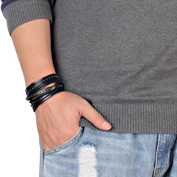 Black Punk Leather Cuff Bracelet for Men Women, Adjustable, Gothic Style, Comfor - Picture 5 of 7